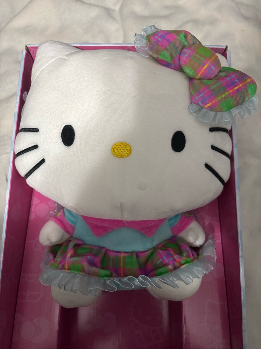 Hello Kitty Plush in White, Pink, Green Plaid Outfit